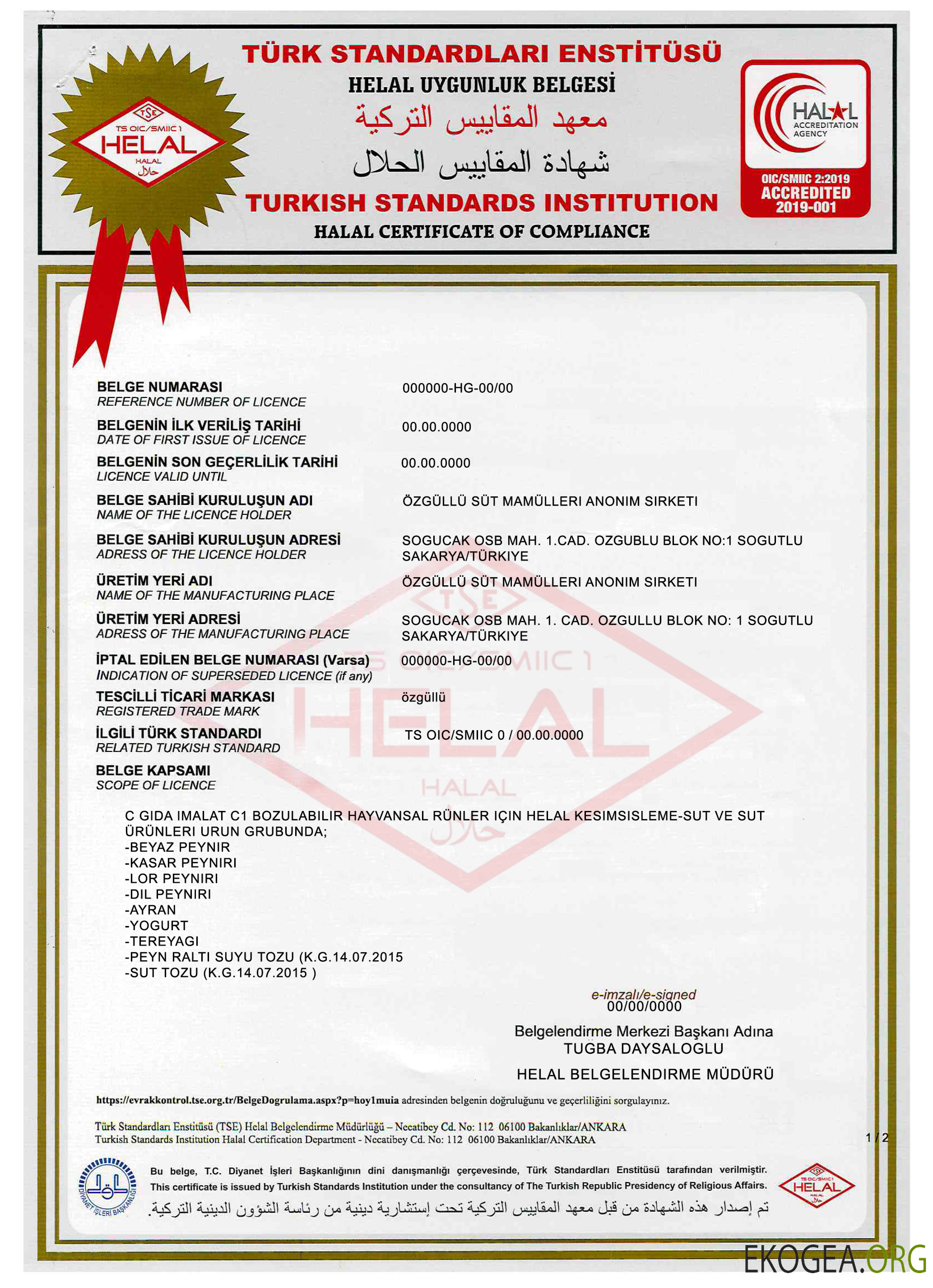 Certificat de l'Institut turc de normalisation